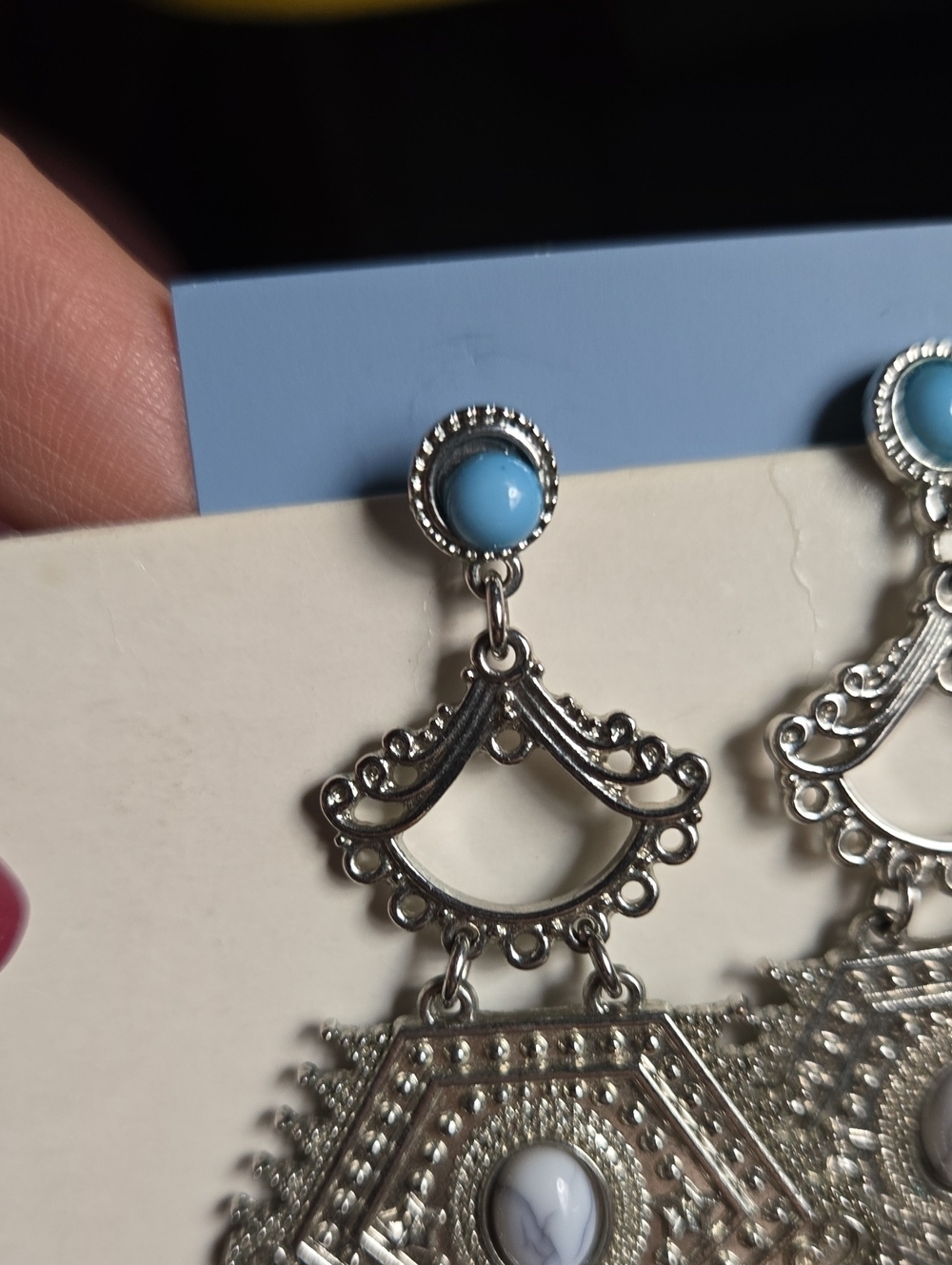 Vintage Silver Filigree Chandelier Earrings with Fuax Turquoise Studs - Picture 12 of 15